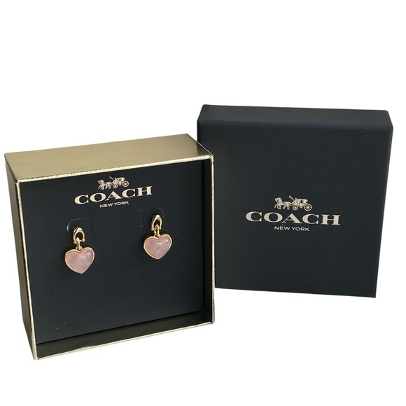 Coach Carved Rose Quartz Heart Drop Earrings - Picture 3 of 6